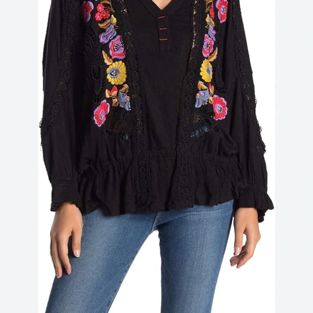 Free People Black Ruffled Embellished Long Sleeve Blouse - Picture 1 of 15